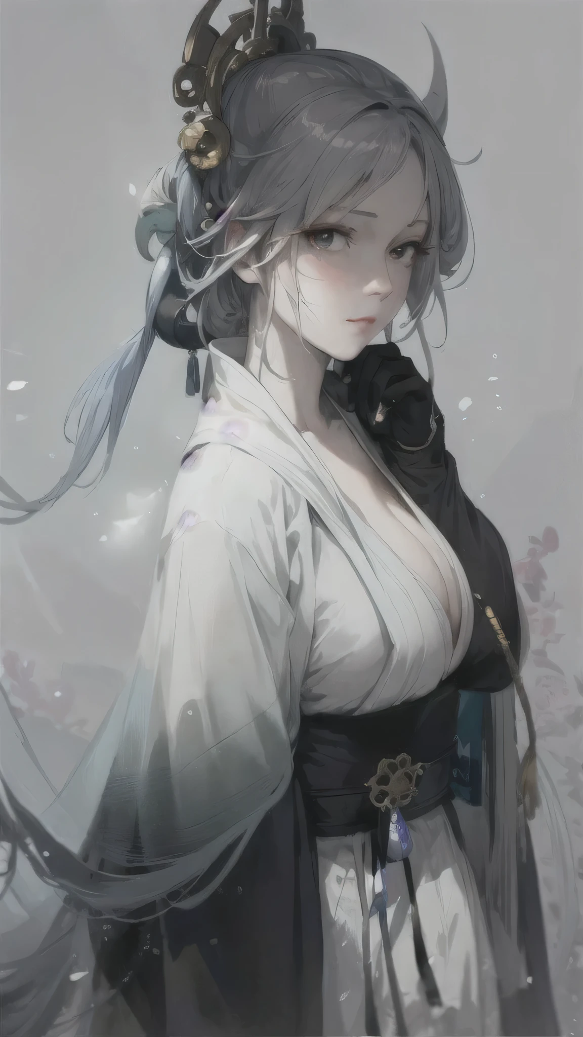 Close-up of a white-haired woman wearing a white mask, Beautiful character painting, guweiz, Artwork in the style of Guweiz, White-haired deity, author:Yang Jie, Epic and beautiful character art, Stunning character art, author:Fan Qi, by Wuzhun Shifan, guweiz on pixiv artstation,(((big breast))), Cleavage,bikini