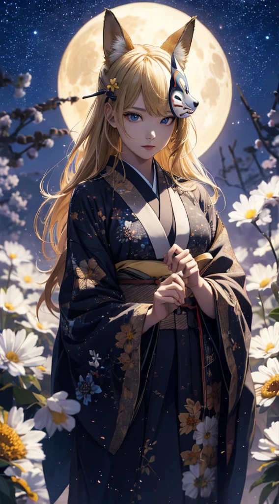 masterpiece, high quality, 4K, Beautiful design, silhouette,blonde, 非常に詳細な夜のStarry Sky,Flower Field, wonderful, Finer details, Very knowledgeable woman, Highly detailed solo, 1 female,Beautiful Eyes,Fox mask template,I like rumors,Big Breasts,kimono,Night view,Starry Sky,full moon,