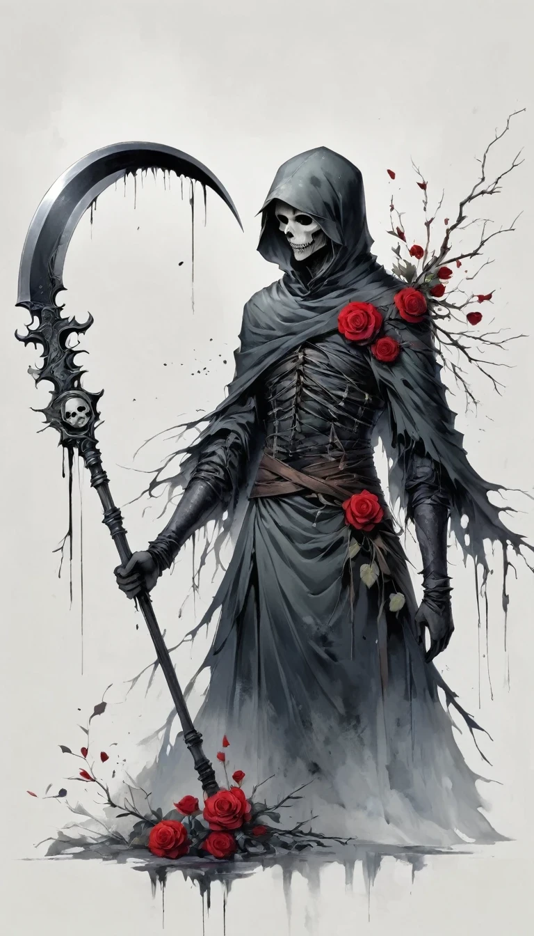 Grim Reaper holding a scythe,Gloomy eyes, Heqiang,Wilted roses,Withered Death,Simplicity,abstract,Gothic,Dark,Undead Bloodborne Art