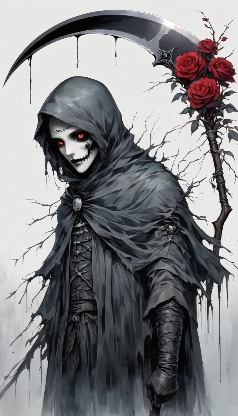 Grim Reaper holding a scythe，Gloomy eyes， Heqiang，Wilted roses，Withered Death,Simplicity，abstract，Gothic，Dark，Undead Bloodborne Art