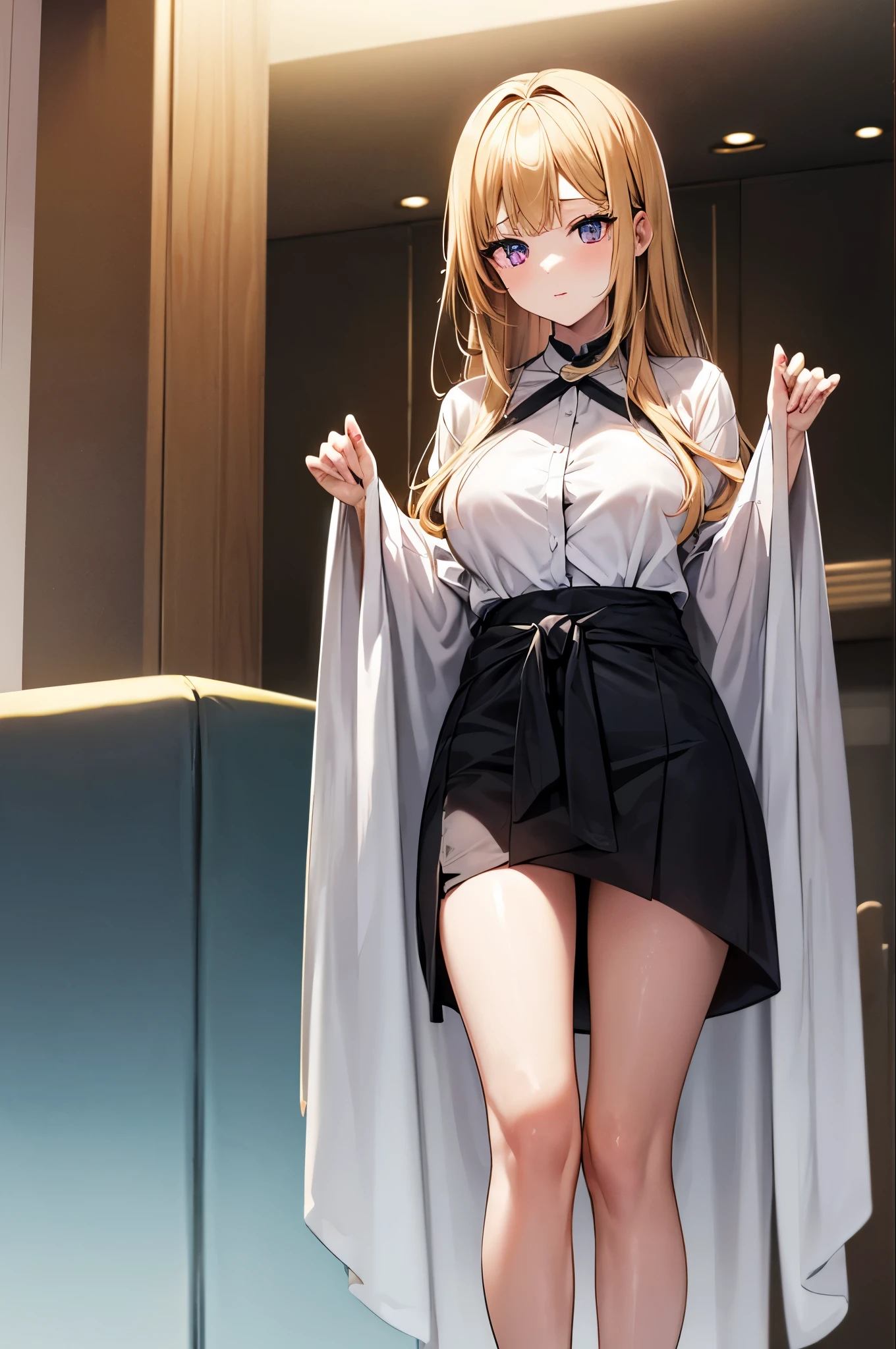 Using Anime Style、Nakamura Aya is a 5-year-old ., Attractive and exotic looking . She has long, golden hair that flows gently down to her waist, It stands out against her white skin. His eyes are red., Like a shining ruby, Have a mysterious look.  、Complete human anatomy
