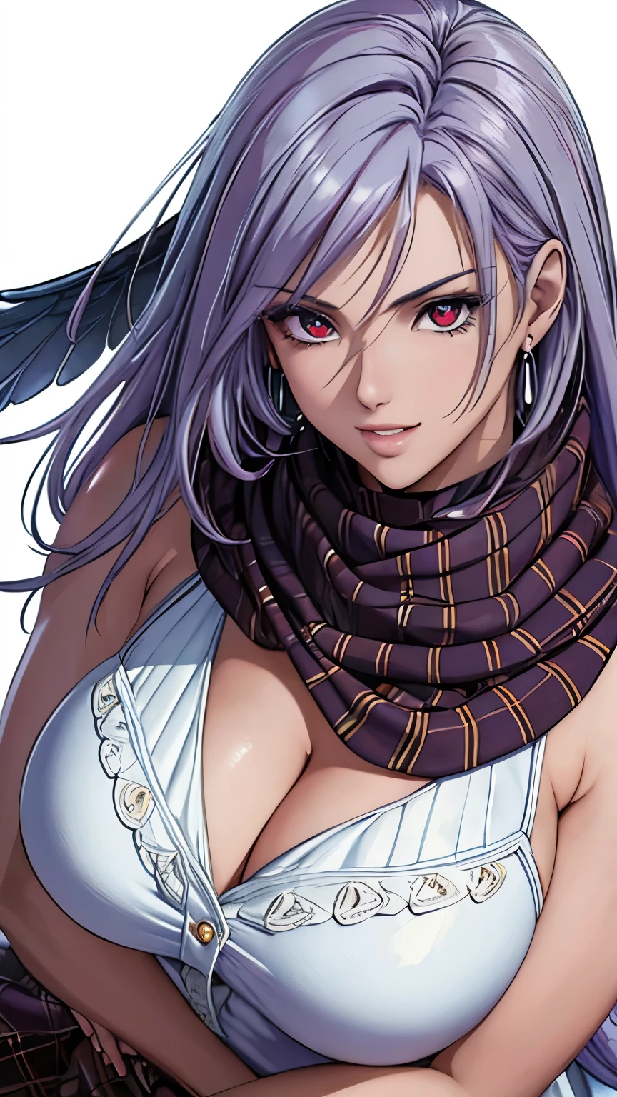 red eyes with slit pupils, (highest quality, masterpiece painting:1.3), immature woman, , (half body shot), masterpiece, ultra high resolution, (Photoreal:1.0), ((light purple hair)),straight hair, beautiful shining hair, white and shining skin, ((Ultra realistic details)), octane rendering, highly detailed face, (big breasts:0.8), (make a heart with hands), Blanket Scarf Wrap, A large, cozy blanket scarf in a plaid or checkered pattern, Wrap it around your neck or drape it over your shoulders for warmth, Style with a chunky knit sweater, skinny jeans, and knee-high riding boots for a cozy winter look, Fairy wings, open neckline, cleavage, perfect body, soft skin, White cherry blossom embroidery pattern, silver earrings, (pure white background:1.4), sharp focus, intricate details, professional artwork, (bright colors:1.1), bright colors, diffused lighting, digital blending, ultra-definition body, ultra detail hair, super detailed face, trending on pixiv, top button open, Cute gaze, compensate, perfect lips, perfect compensate, Ultra-precision coating, (light_smile:0.8), (cross-eyed:1.0), (long tongue:1.0)