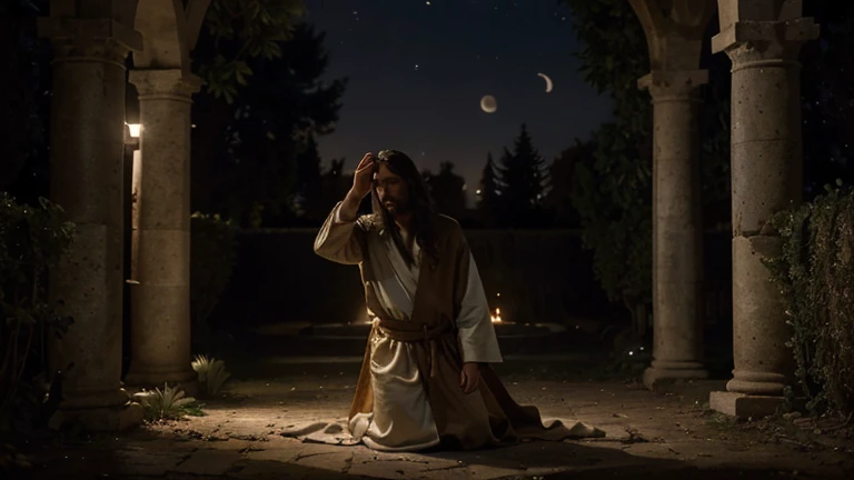 "A powerful and emotional scene depicting Jesus in the Garden of Gethsemane, kneeling with his hands raised in fervent prayer to God. Jesus is dressed in traditional robes, his face a mixture of anguish and deep devotion. The garden is lush and serene, with ancient olive trees casting long shadows under the moonlit sky. The atmosphere is heavy with a sense of impending sacrifice and spiritual struggle. Around Jesus, the darkness of the night contrasts with the soft glow of moonlight, highlighting his figure and creating a dramatic effect. The ground is rough, and the foliage dense, adding to the authenticity of the setting. The overall composition captures the intense emotional and spiritual moment as Jesus seeks strength and guidance from God. The image size is 16:9, providing a widescreen view of the entire scene."