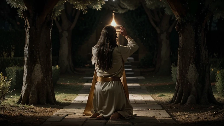 "A powerful and emotional scene depicting Jesus in the Garden of Gethsemane, kneeling with his hands raised in fervent prayer to God. Jesus is dressed in traditional robes, his face a mixture of anguish and deep devotion. The garden is lush and serene, with ancient olive trees casting long shadows under the moonlit sky. The atmosphere is heavy with a sense of impending sacrifice and spiritual struggle. Around Jesus, the darkness of the night contrasts with the soft glow of moonlight, highlighting his figure and creating a dramatic effect. The ground is rough, and the foliage dense, adding to the authenticity of the setting. The overall composition captures the intense emotional and spiritual moment as Jesus seeks strength and guidance from God. The image size is 16:9, providing a widescreen view of the entire scene."