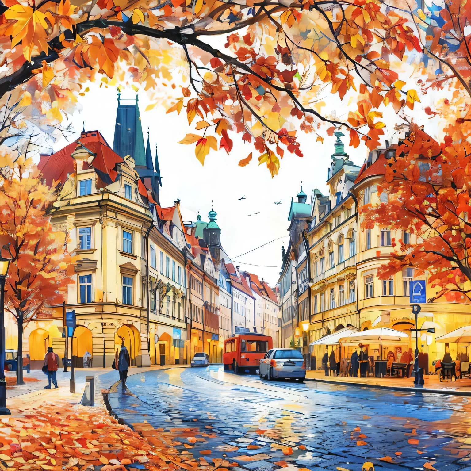 A bus and people walking on it々々people々Photograph of a street with, 2 5 6 x 2 5 6, 256x256, Autumn season, Beautiful Art UHD 4K, city of pristine colors, Gabor Sikzai, On the street, Beautiful cityscape, Albert Cotan, Prague, Outdoor European cityscape