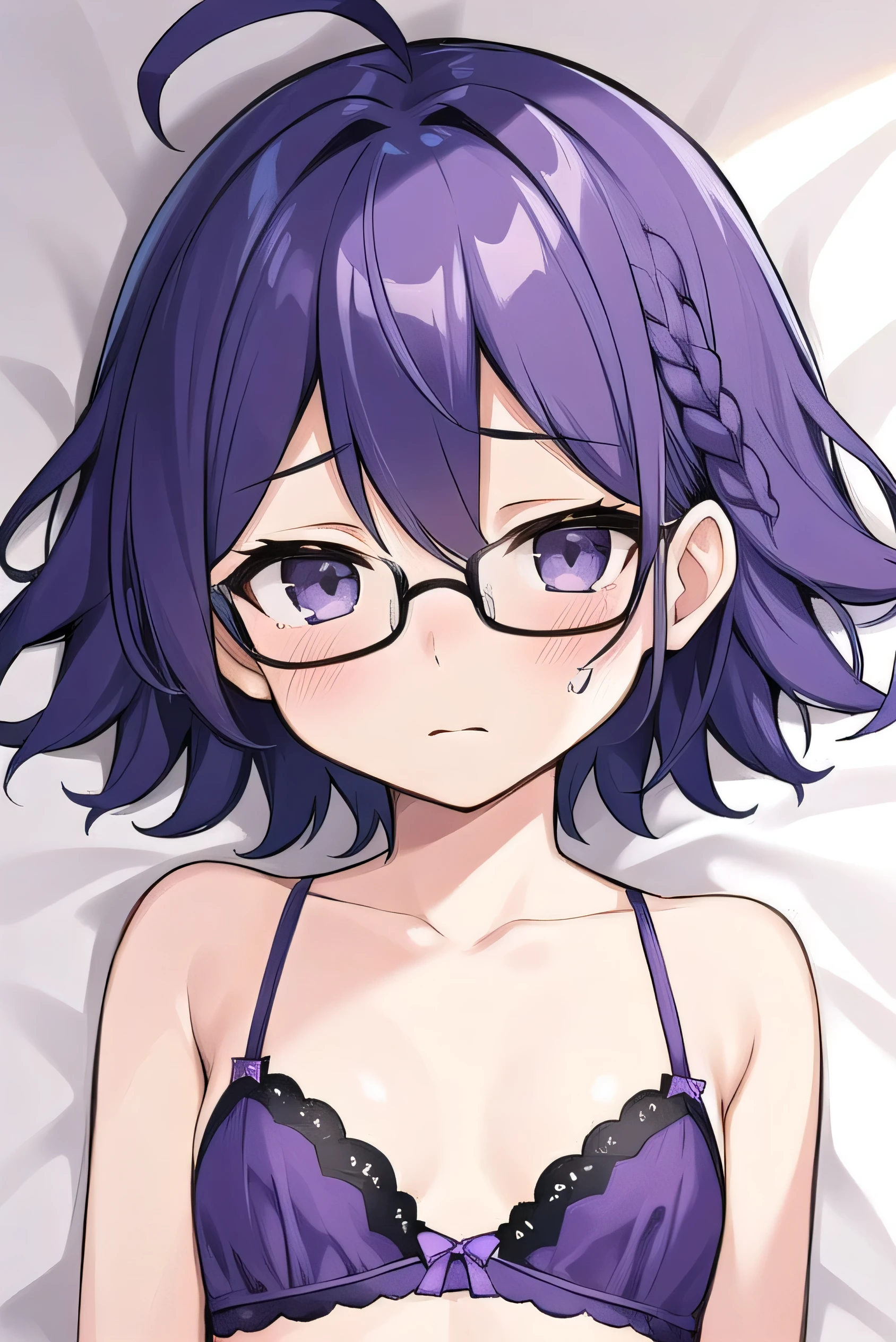 (Purple hair:1.4), gray eyes, , short, short long hair, kind expression, shy, almost no breasts, slightly exposed. hair,(flipped hair ), flipped hair, ahoge, girl alone, flipped hair, flipped hair, flipped hair, flipped hair, glasses with no edges, embarrassed, flat chest，Silk Lingerie Set，，bed,lying on back