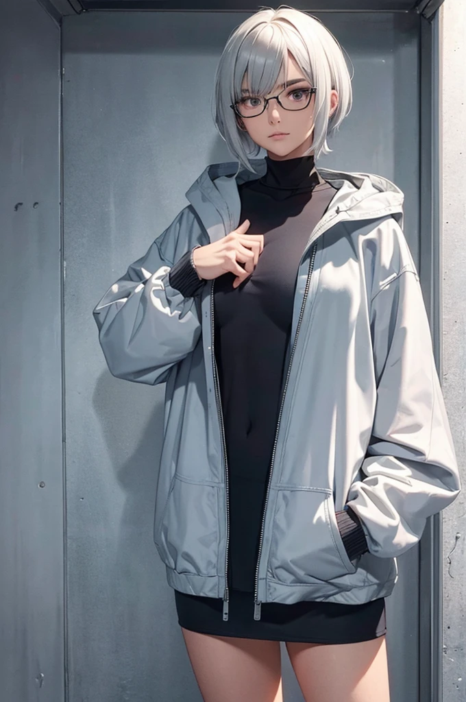 short hair,cabelo curto,Obra de arte, melhor qualidade, agrias, gray sweater, collant preto, standing, olhando para o espectador,belas coxas,roupa azul,olhar penetrante,evil look,oculos no rosto,melhor qualidade,best quality,looking at viewer,jaqueta preta,olhando para cima,olhando para cima

