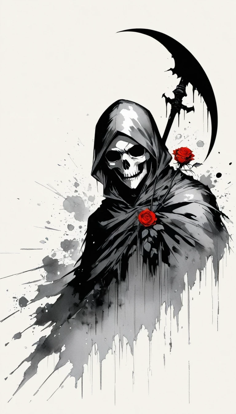 (Anime line drawing:1.5),grim Reaper,(Black and White:1.45),Minimalism,(Line Art:1.6),sketch,charcoal drawing,Black Grim Reaper,Rose,Ominous Red,Blood splatter,sickle
