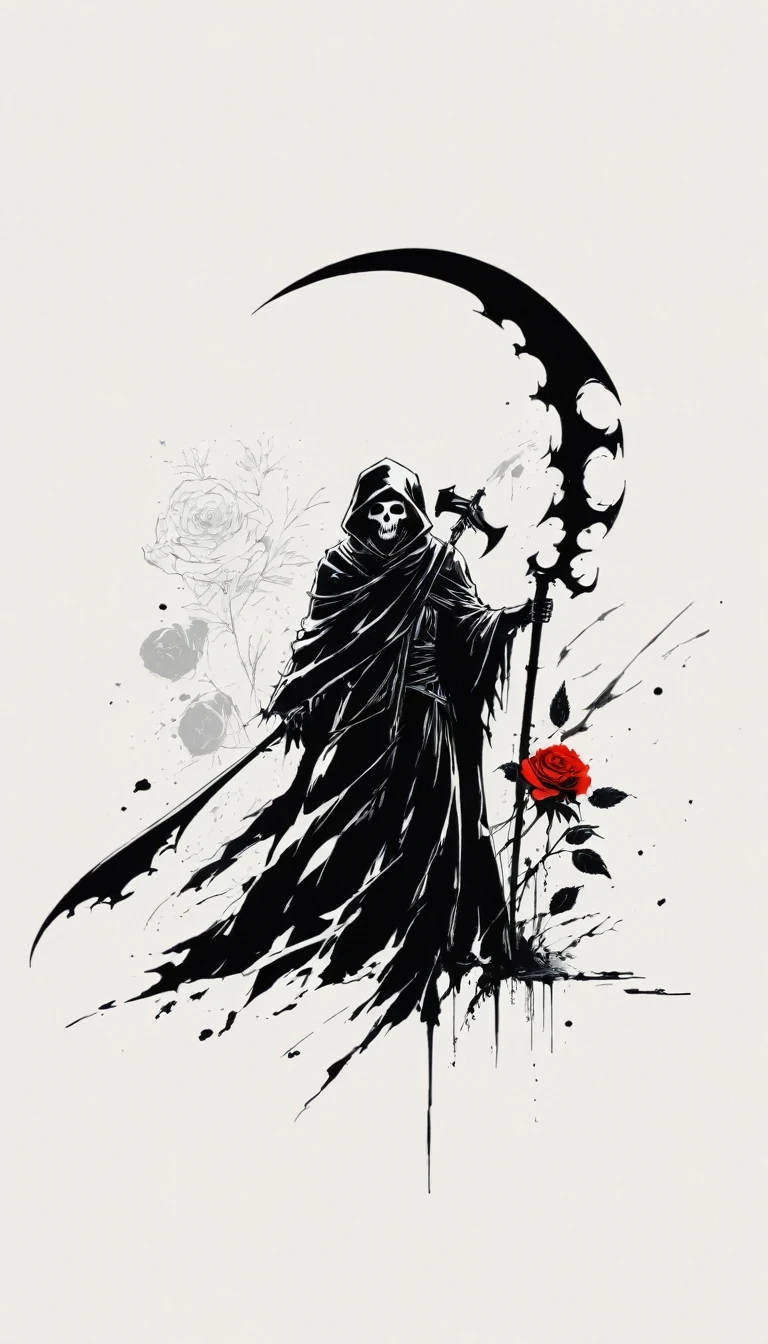 (Anime line drawing:1.5),grim Reaper,(Black and White:1.45),Minimalism,(Line Art:1.6),sketch,charcoal drawing,Black Grim Reaper,Rose,Ominous Red,Blood splatter,sickle