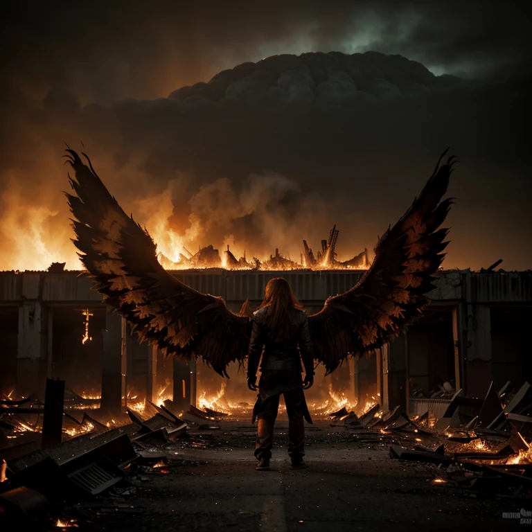 (detailed demon,flaming demon,hellish demon,fiery demon,ominous demon),(burning wings,fiery wings,glowing wings,dark wings),(abandoned city,dystopian city,desolate city,ruined city),(smoke-filled city,crumbling buildings,overgrown vegetation,dilapidated structures),(ashen grey color palette,dark and fiery colors,ominous red and orange hues),(ominous and dramatic lighting,glowing and flickering lights).