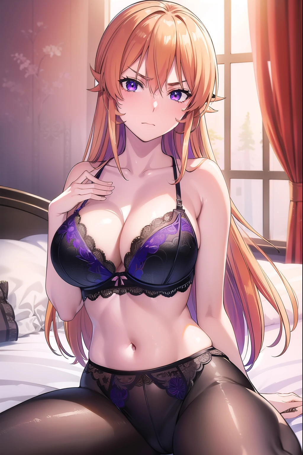 ((masterpiece:1.3, highly detailed:1.3, highres:1.1, best quality, HD, full image)),((erinanakiri, erina nakiri, long hair, orange hair, (purple eyes:1.1), hair between eyes, frown, angry, blushing, embarassed, ((black lace bra, black G string)), ((indoors, bedroom, window background, trees)), looking at viewer, (masterpiece:1.2), best quality, high resolution, unity 8k wallpaper, (illustration:0.8), (beautiful detailed eyes:1.6), extremely detailed face, perfect lighting, extremely detailed CG,(perfect hands, perfect anatomy))),((sexy pose, different hand pose, sitting on bed, spreading legs))