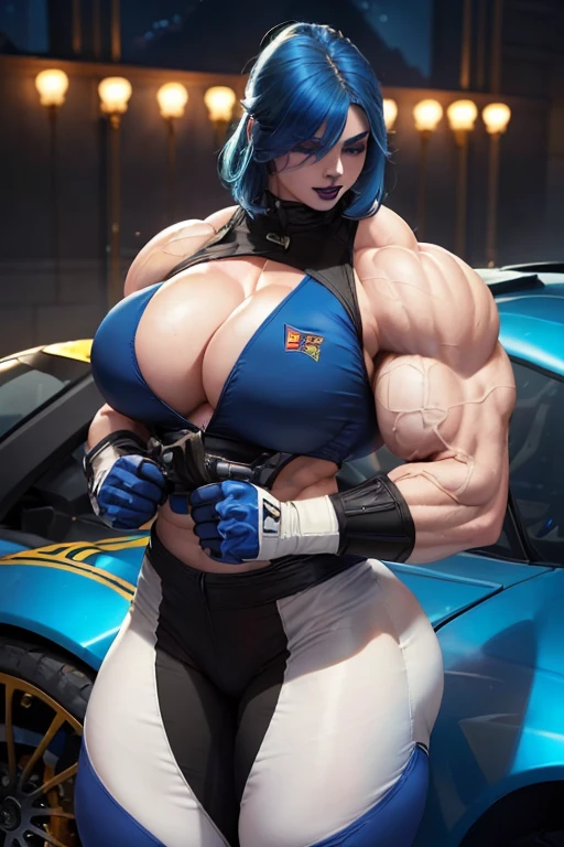 (((((Massive, tall, beautiful, pale white skinned, buff, muscular woman with royal blue hair, black lipstick, ginormous bulky muscles and wearing a royal blue racer pilot suit with pants))))), (close view), (massive muscles), massive biceps, hyper muscle shoulders, vascular shoulders, hyper muscle triceps, (long curly wavy hair), white eyes, (racing gloves), choker, sneakers, (next to a race car in a racetrack), confident smile, night, hyper vascular arm, hyper muscles arms, hyper muscle legs, massive arms.
