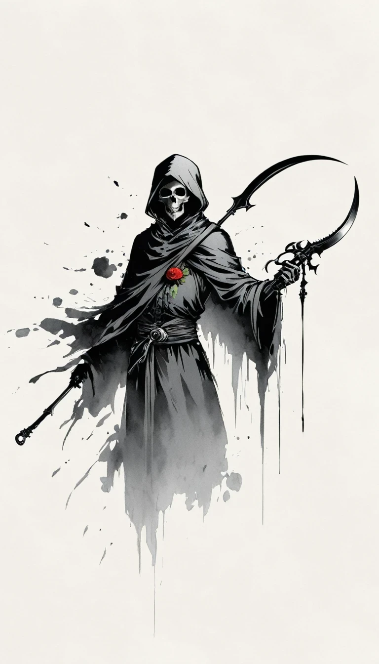 (Anime line drawing:1.5),grim Reaper,(Black and White:1.45),Minimalism,(Line Art:1.6),sketch,charcoal drawing,Black Grim Reaper,Rose,Ominous Red,Blood splatter,sickle
