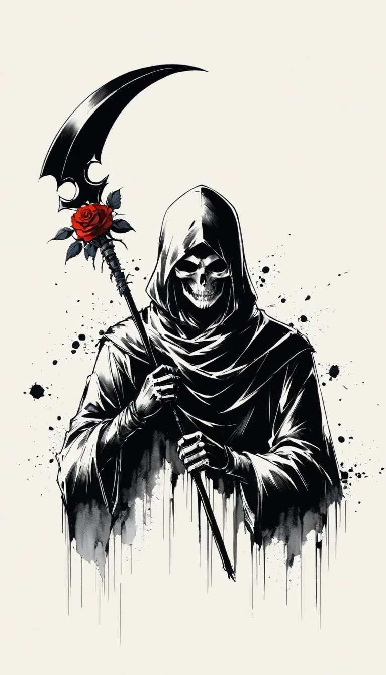 (Anime line drawing:1.5)，grim Reaper，(Black and White:1.45)，Minimalism，(Line Art:1.6)，sketch，charcoal drawing，Black Grim Reaper，Rose，Ominous Red，Blood splatter，sickle