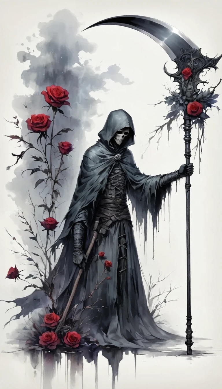 Grim Reaper holding a scythe,Gloomy eyes, Heqiang,Wilted roses,Withered Death,Simplicity,abstract,Gothic,Dark,Undead Bloodborne Art