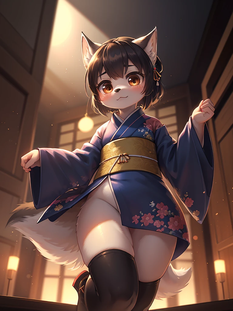 Unrealistic Perspective , dynamic angle , rule of thirds Layout , Bokeh  , dynamic fashion model action  , realistic hairy fur , round face , moist round eyes , Swollen cheeks , hair ties , Short stature , accidents , Happenings , sensational , beautiful, masterpiece, highest quality, Highly detailed face,  Perfect lighting, One girl, alone,  matoi ryuuko, kimono, kimono, short kimono,  Cowboy Shot , (dance with wolfs:1.3) , realistic wolfs