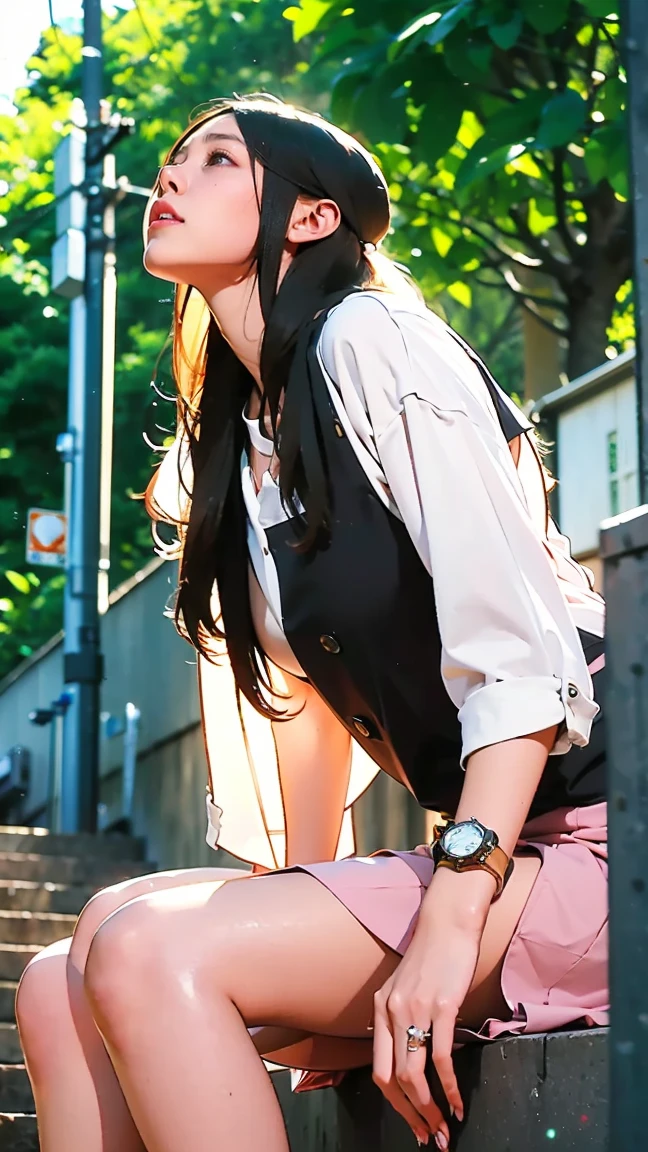profetional lighting,Professional effectasutepiece: 1.3), (max resolution: 1.2), (Ultra HDTV: 1.2),octanerender, Fujifilm X100, Intense cinematic shots, Shallow depth of field, Volumetric lighting, kintsugi,(8K、Raw photography、masterpiece:1.4)、(realisitic、Photorealsitic:1.37)、Shot with CineStill 800T、(Extreme top quality:1.3)、((depth of fields:))、absurderes、(super high resolution、extremery detailed CG、hight resolution、realisitic、ultra-detailliert、a picture、A hyper-realistic、ultra-detailliert、Cinematic atmosphere、8K UHD、insanely detaileda、trending on artstationh、awardwinning photo、extremely detailed photo、hight resolution:1.5), Beautiful details sparkle ,Perfect Proportions, Limited to one woman, BREAK accurate, Anatomically correct, Highly detailed face and skin texture, drawn in detail, Highly detailed facial and skin texture, Detailed eyes, beautiful hair, Beautiful Japanese Idol face, Beautiful and beautiful eyes, Beautiful body, Beautiful breasts, Beautiful thighs, Beautiful legs, Beautiful fingers, (Beautiful views) , skinny body, eight-headed body, ((Beautiful Skin)), ((Skin Texture)) BREAK breast enlarged, large Breasts, perky tits, (blush, : Archaic smile:1.3, pink cheek, Double eyelids, Thin eyebrows, Glitter Eyeliner:1 Natural cheeks, Glossy skin, Fair skin:1.2, (Glossy lips:1.4, shiny lips: 1.4 ), high school student, Attractive adult woman , anime gyaru) , twin braid, Long Hair, Striped Hair, Hair Intake, Inner hair color, BREAK Street fashion, catwalk, nail art, necklace, Bridal Ring, wearing a watch BREAK (((sitting on steps , Running hand through hair, from side, from below, upper body Shot, long shot, looking away, ((rural street))