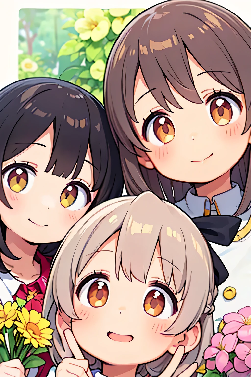 highest quality、High resolution、Detailed Background、(Beautiful face in every detail:1.4)、Anatomically correct、(Draw the usual number of fingers:1.2)、(Detailed facial expressions)、(Detailed eyes:1.2)、(Detailed eyes:1.2)、Beautiful, smooth skin、Teenage beauty、(Highly detailed face:1.4)、cute hair color、Braided Ponytail、Braided bob cut、cute hairstyle、well-groomed eyebrows、Cute gestures、Fits in one screen、
(Three beautiful girls having fun together with big smiles:1.5)、
At the Flower Camp you can pick your own flowers and enjoy them.、
Participants can explore the flower fields and gardens and pick their favorite flowers in areas permitted at the campground or flower fields.、
You can touch fresh flowers and enjoy their beauty and fragrance.、
Flower camps sometimes include flower arranging experiences.、
Participants can create their own original flower arrangements using flowers they picked themselves or the floral materials provided.、
Enjoy the fun of arranging flowers according to your own taste and sensibility.、cute
