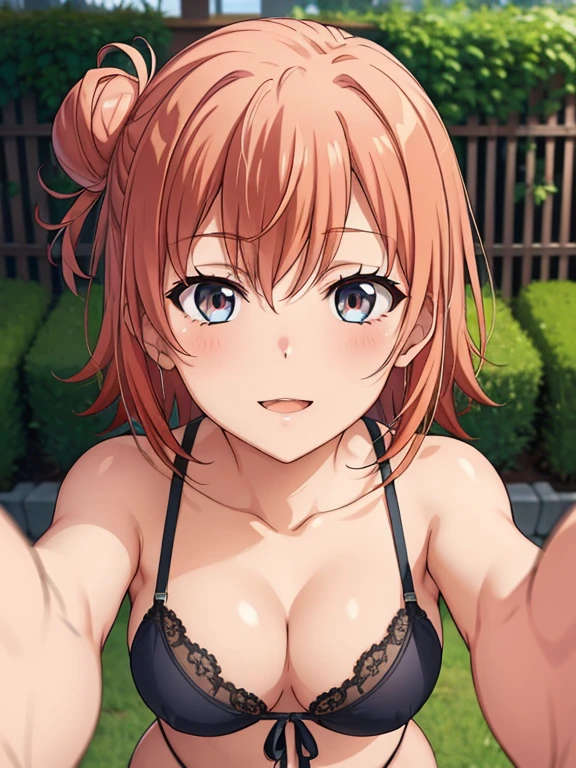 ((masutepiece, Best Quality, hight resolution, nffsw, Perfect Pixel, depth of fields, 4K, )), 1girl in, Solo, , Beautiful anime girl, Beautiful Art Style,
close up, Looking at Viewer,
Perfect body,
Yuigahama Yui, Hair bun, Short hair, medium boob,
Full face blush, Smile,
black sexy lingerie,
garden, outdoor,
From above, POV,
(incoming hug, incoming kiss:1.3),
Upper Eyes,