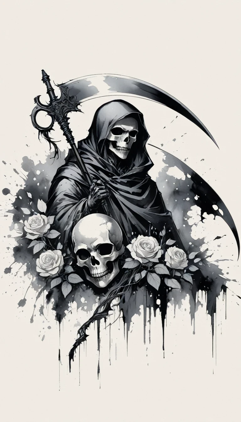 (Anime line drawing:1.5),grim Reaper,(Black and White:1.45),Minimalism,(Line Art:1.6),sketch,charcoal drawing,Black Grim Reaper,Rose,Ominous Red,Blood splatter,sickle