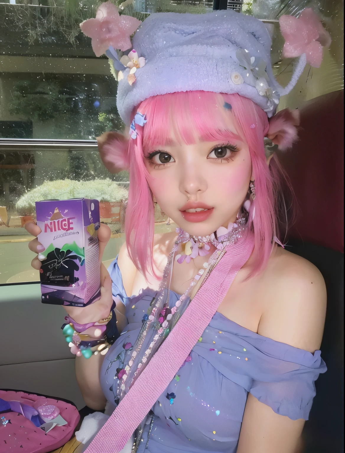 chica araffe con cabello rosado y un sombrero rosa sosteniendo una bebida, bella delfina, she parece una mezcla de mugre, parece una mezcla de mugre, acid pixie, kawaii rainbow decoration, y 2 k cutecore clowncore, parece una mezcla de mugre, parecido a una mezcla de mugre, inspired decoration, her face looks like an orchid