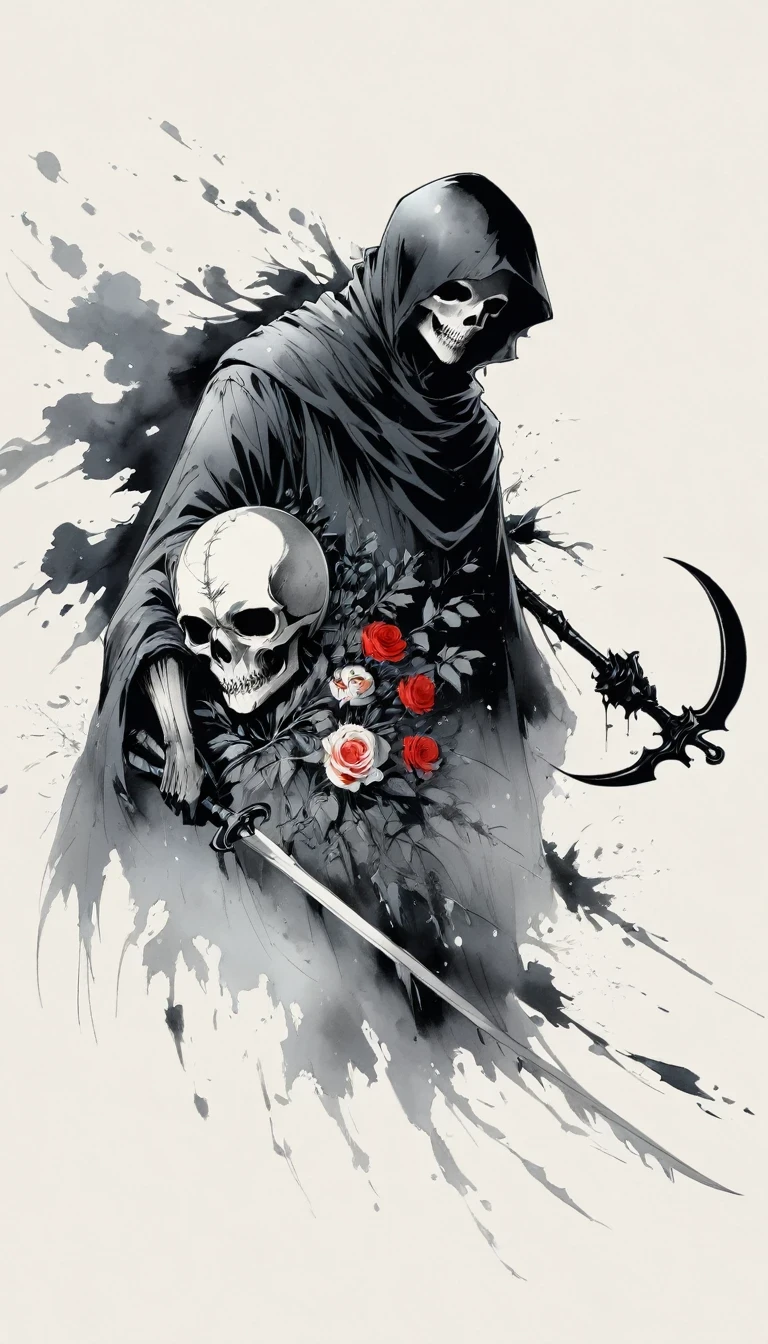 (Anime line drawing:1.5),grim Reaper,(Black and White:1.45),Minimalism,(Line Art:1.6),sketch,charcoal drawing,Black Grim Reaper,Rose,Ominous Red,Blood splatter,sickle