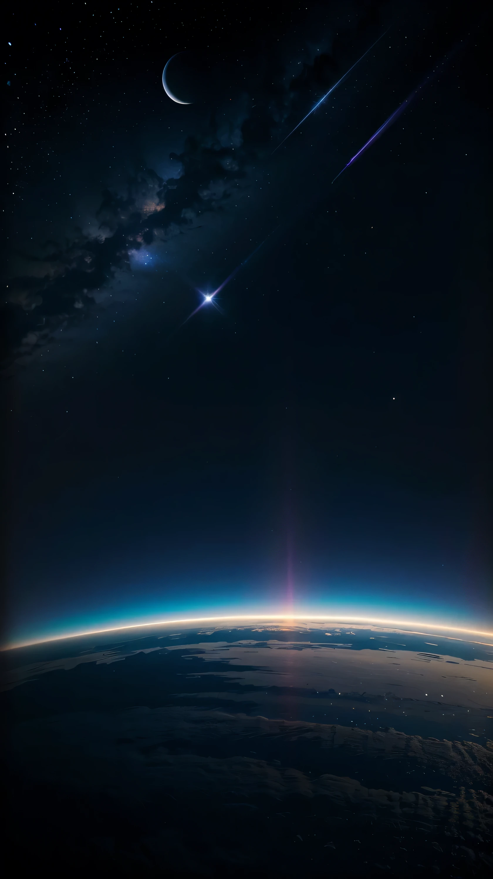 Alien landscape purple blue magenta tones, Rings surrounding a planet visible in the night sky, A night sky with stars