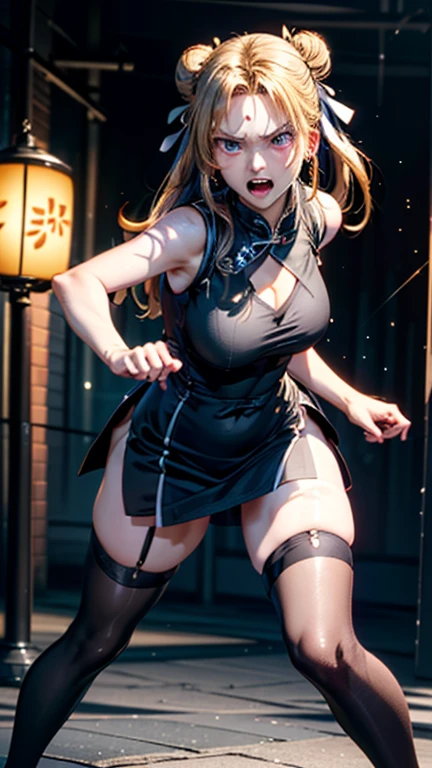 (((UHD)), ((highest quality)), ((masterpiece)), (Very detailed), (High resolution), (Beautiful detailed sparkle), (High detail), (Anatomically correct)), ((Realistic)), ((The best CG)), Ultra-detailed art, CG illustration, 8k, 1080P, Photorealistic:1.37, Anime 2D Rendering,
(((One Woman))),
(Symmetrical facial features:1.4, Perfect Face), Beautiful clavicle, (Beautiful fingers), (((Beautiful breasts, Slightly smaller chest))),
Beautiful body, Beautiful thighs, Beautiful feet, Perfect round butt, (((Detailed skin, Oily skin, Textured skin, Beautiful white skin:1.4))),
(((Baby Face, cute, 20-year-old))),
(Droopy eyes, Expression of fine eyes, Beautiful and delicate eyes, Sparkling eyes, Eye Reflexes, Dark Eyes),
(Beautiful Nose,Thin Nose),
(Smaller mouth, Glossy Lips, Beautiful Lips, thick lips),
(Beautiful Hair, Shiny Hair, Shiny Hair), Hair fluttering, (((Blonde, Airy Long Hair, Forehead、Double bun hairstyle))),
(((High-necked, sleeveless black Chinese dress:1.4))、((Black knee-high stockings:1.4))、((Black High Heels:1.4)))、Earrings、
BREAK
(Angry、Glaring、Screaming),
BREAK
(night、bustling street、(Aggressive Pose:1.4、Fighting Pose:1.4)), ((Character Focus、Full Body Shot、full body))