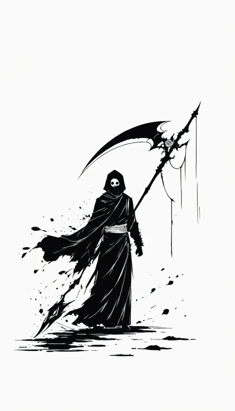 (Anime line drawing:1.5),Scythe of Death,(Black and White:1.45),Minimalism,(Line Art:1.6),sketch,charcoal drawing,Black Reaper,Rose,Ominous Red,Blood splatter