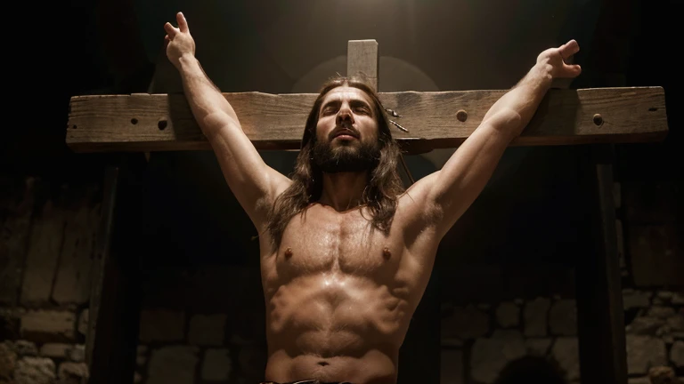 "A powerful and solemn scene depicting Jesus on the cross, looking up and praying to the Father. Jesus is shown in a moment of intense suffering and devotion, with his face turned upward, eyes filled with pain yet also with a deep sense of faith and surrender. He is dressed in a simple loincloth, and his body shows the marks of crucifixion. Above him, the sky is dark and foreboding, but a radiant light breaks through the clouds, illuminating his face and casting a divine glow over the scene. The ground beneath the cross is rugged and barren, adding to the somber atmosphere. The overall composition captures the profound spiritual significance of the moment, emphasizing Jesus's connection to the Father and his sacrificial love. The image size is 16:9, providing a widescreen view of the entire scene."