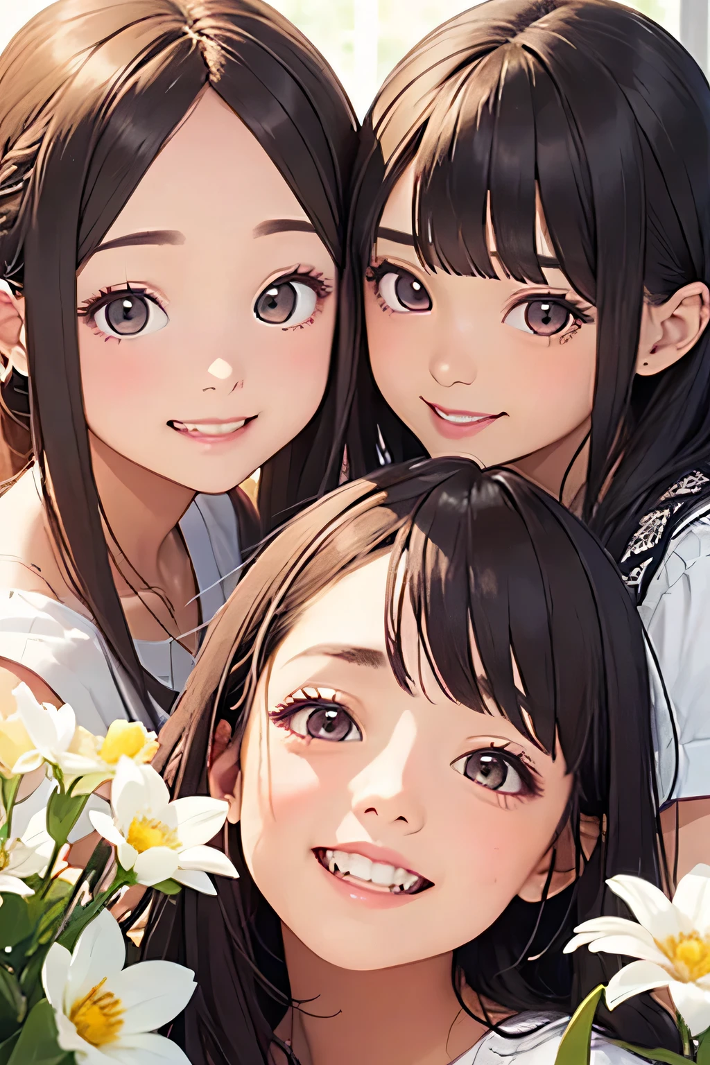 highest quality、High resolution、Detailed Background、(Beautiful face in every detail:1.4)、Anatomically correct、(Draw the usual number of fingers:1.2)、(Detailed facial expressions)、(Detailed eyes:1.2)、(Detailed eyes:1.2)、Beautiful, smooth skin、age beauty、(Highly detailed face:1.4)、cute hair color、Braided Ponytail、Braided bob cut、cute hairstyle、well-groomed eyebrows、Cute gestures、Fits in one screen、
(Three beautiful girls having fun together with big smiles:1.5)、
At the Flower Camp you can pick your own flowers and enjoy them.、
Participants can explore the flower fields and gardens and pick their favorite flowers in areas permitted at the campground or flower fields.、
You can touch fresh flowers and enjoy their beauty and fragrance.、
Flower camps sometimes include flower arranging experiences.、
Participants can create their own original flower arrangements using flowers they picked themselves or the floral materials provided.、
Enjoy the fun of arranging flowers according to your own taste and sensibility.、cute