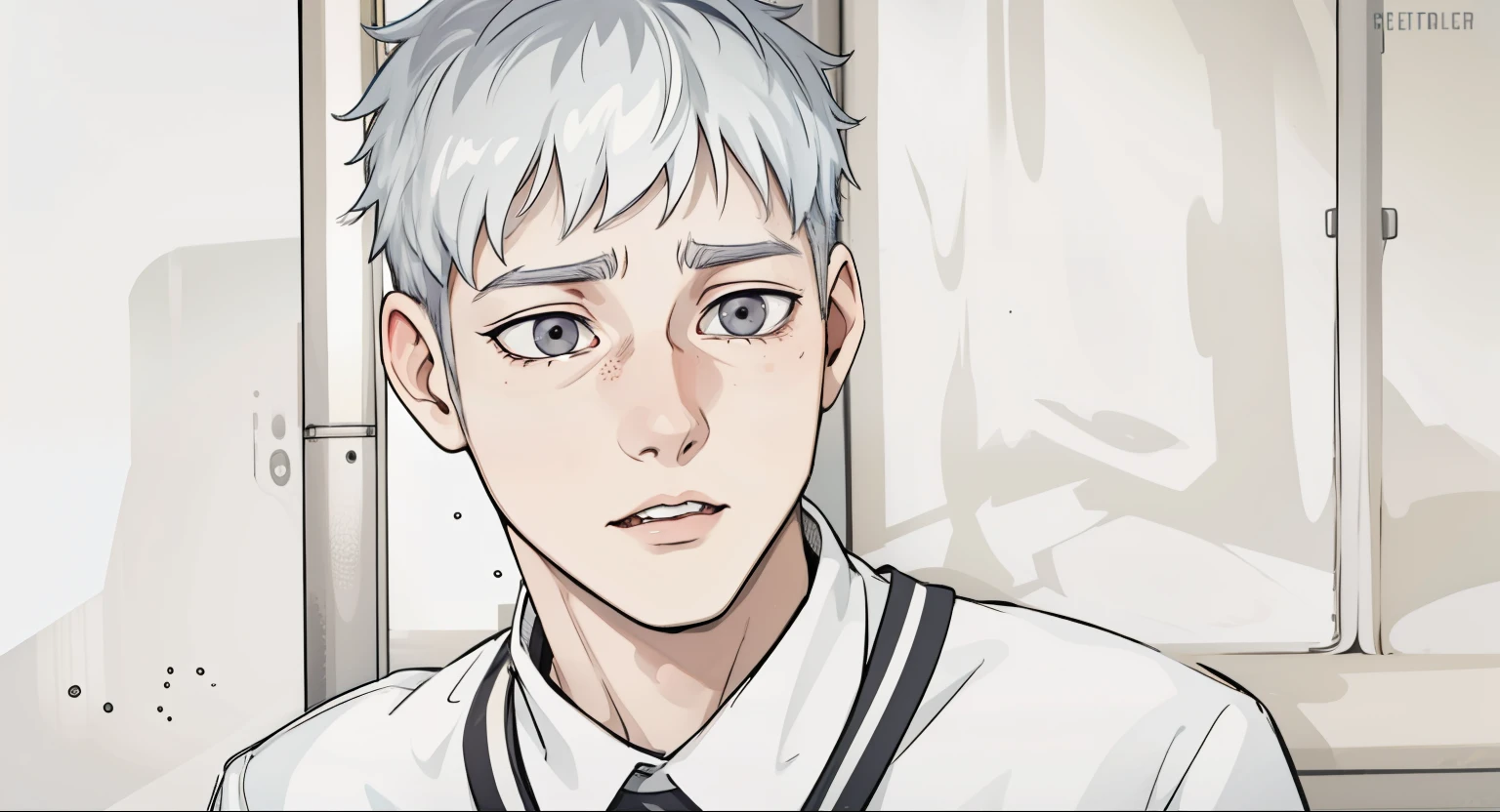 young 17 year old man is scared worried is scared has gray hair gray eyes