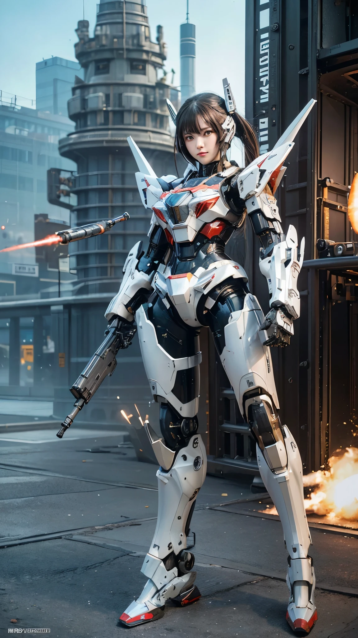 Super detailed, advanced details, high quality, High resolution, 1080p, hard disk, beautiful,(war machine),(missile pot),(machine gun),Capture the big picture,beautiful,Mecha cyborg girl,battle mode,Mecha body girl,She is wearing a futuristic war machine weapon mecha