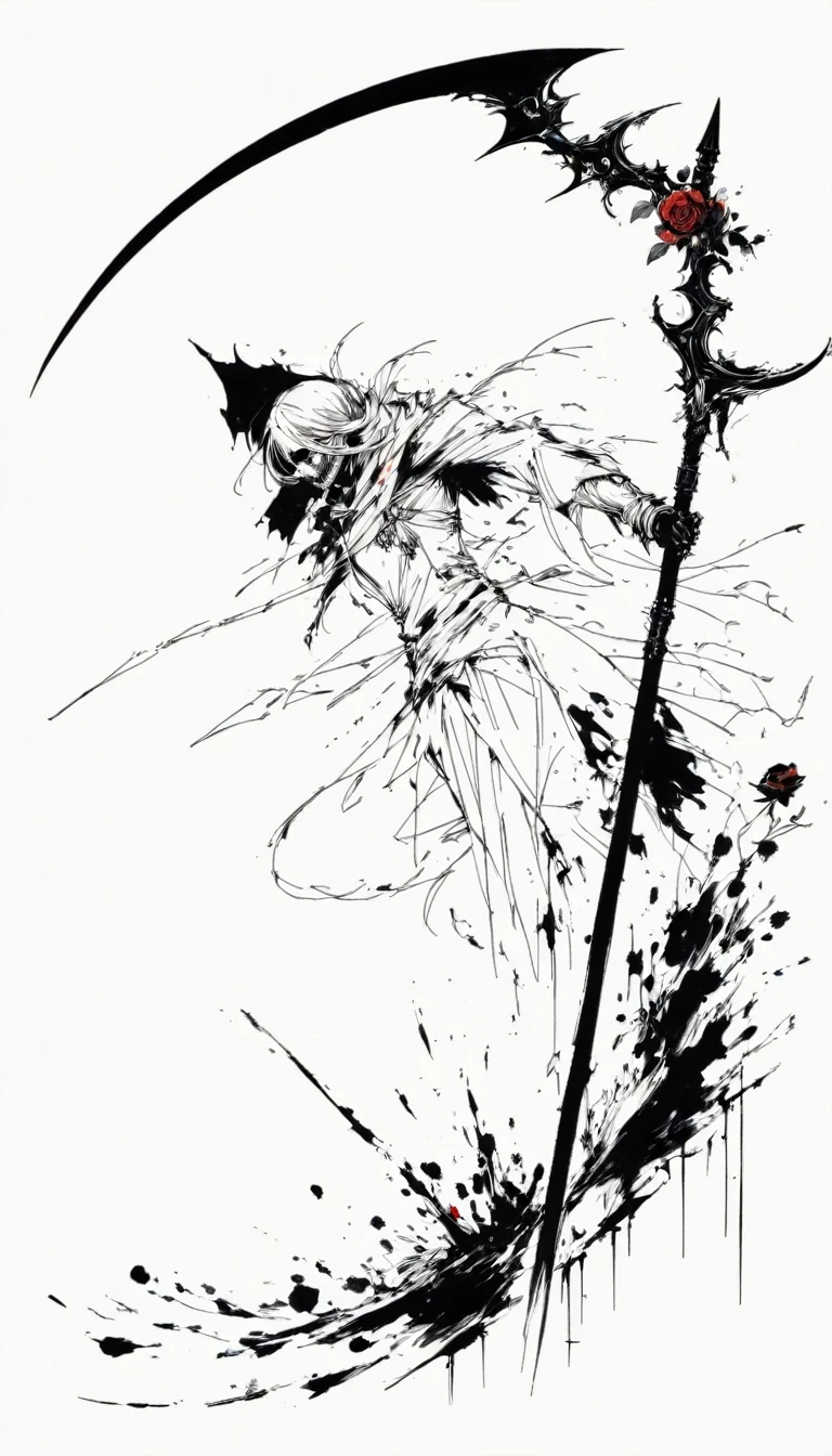(Anime line drawing:1.5)，Scythe of Death，(Black and White:1.45)，Minimalism，(Line Art:1.6)，sketch，charcoal drawing，Black Reaper，Rose，Ominous Red，Blood splatter
