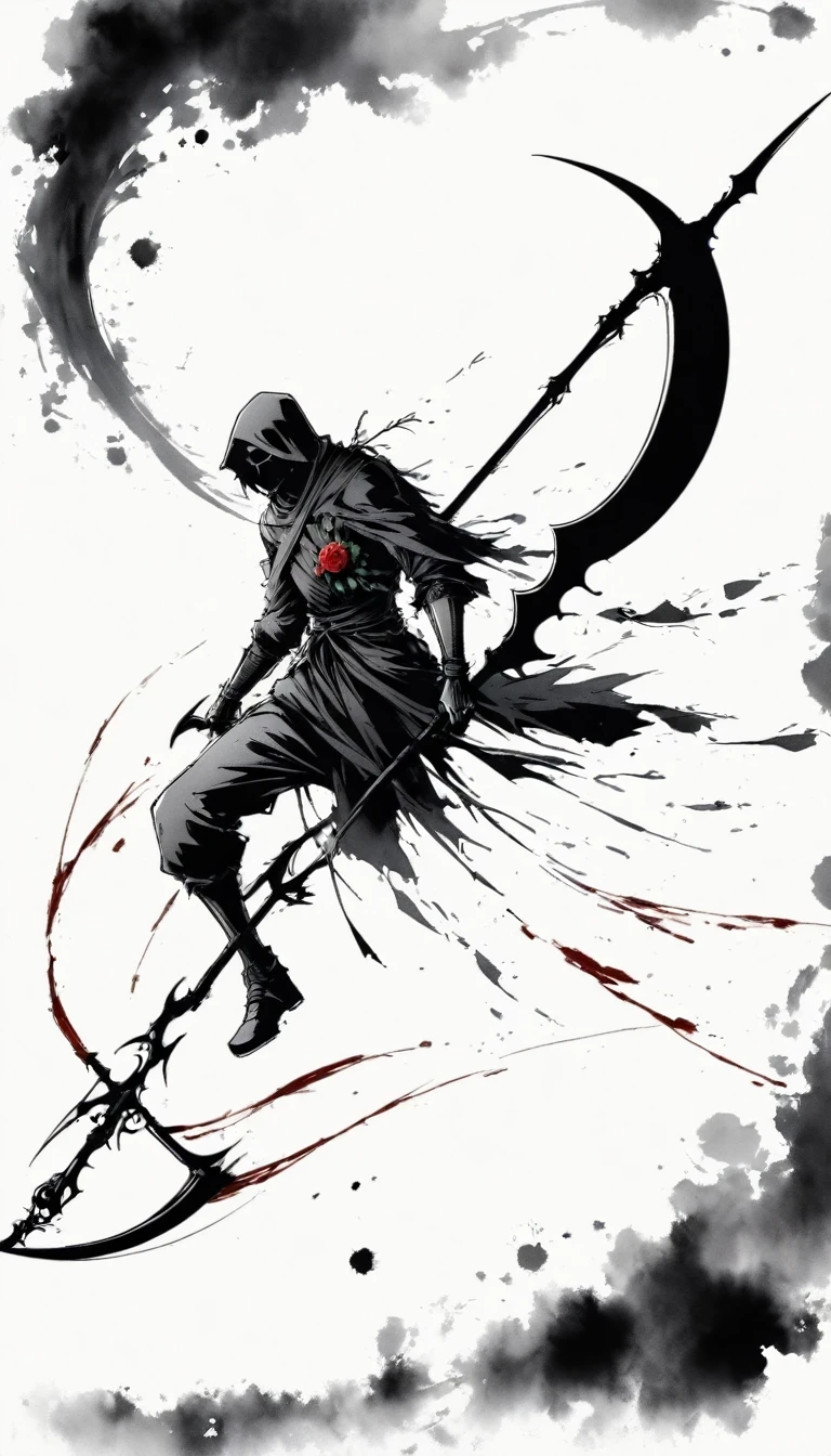 (Anime line drawing:1.5),Scythe of Death,(Black and White:1.45),Minimalism,(Line Art:1.6),sketch,charcoal drawing,Black Reaper,Rose,Ominous Red,Blood splatter