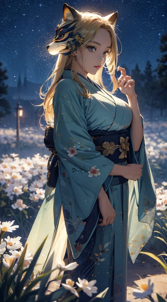 masterpiece, high quality, 4K, Beautiful design, silhouette,blonde, 非常に詳細な夜のStarry Sky,Flower Field, wonderful, Finer details, Very knowledgeable woman, Highly detailed solo, 1 female,Beautiful Eyes,Fox mask template,I like rumors,Big Breasts,Green kimono,Night view,Starry Sky,full moon,