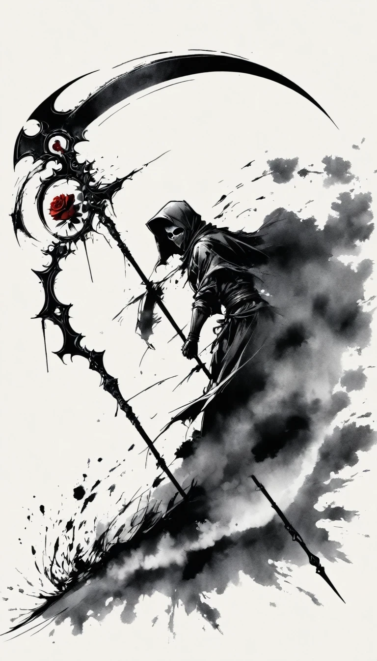 (Anime line drawing:1.5),Scythe of Death,(Black and White:1.45),Minimalism,(Line Art:1.6),sketch,charcoal drawing,Black Reaper,Rose,Ominous Red,Blood splatter