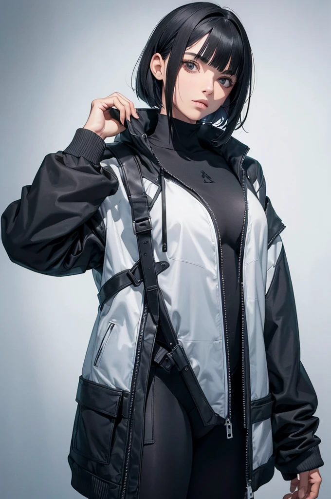 short hair,cabelo curto,Obra de arte, melhor qualidade, agrias, gray sweater, collant preto, standing, olhando para o espectador,belas coxas,roupa azul,olhar penetrante,evil look,oculos no rosto,melhor qualidade,best quality,looking at viewer,jaqueta preta,olhando para cima,olhando para cima,cabelo preto,franja nos olhos