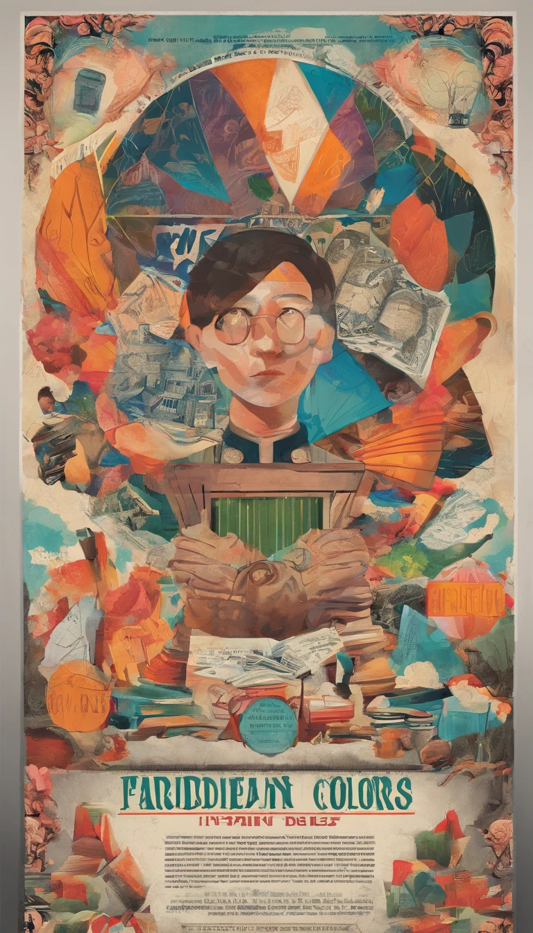 Create a poster for a short film titled "Prohibited colors" (Forbidden Colors). The film critiques a rigid education system that crushes creativity in children, leading to depression in their early adulthood. Feature a somber, grayscale scene of a teenager in a classroom with shattered dreams and broken crayons around them. In the background, show colorful, joyful scenes of childhood being overtaken by the dullness of the present. Use bold, stark fonts for the title to highlight the theme of suppression.