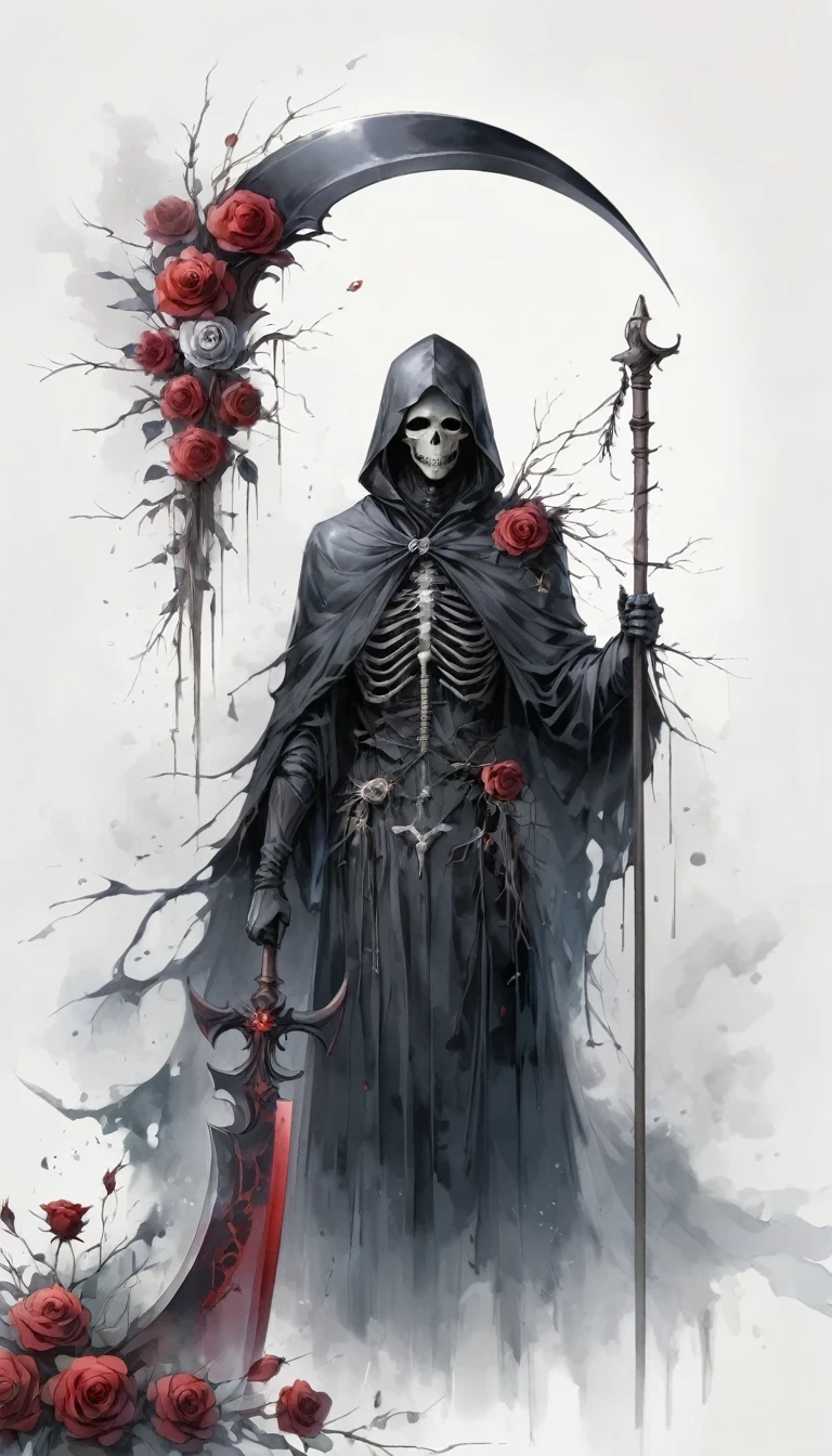 Grim Reaper holding a scythe,Gloomy eyes, Heqiang,Wilted roses,Withered Death,Simplicity,abstract,Gothic,Dark