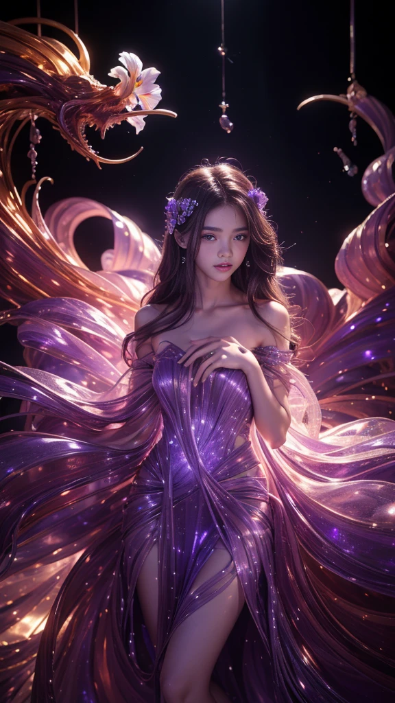 Full figure, seven -clinging shooting, 10 years teenage young,wearing transparent science fiction dress, exquisite faces, details, hands, ultimate details, amazing magnificence, LED internal lighting, Pedaipan style, fiber hair, glowing  floral purple  iris, glowing floral purple iris,