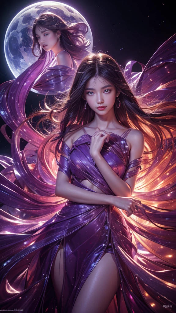 Full figure, seven -clinging shooting, 10 years teenage young,wearing transparent science fiction dress, exquisite faces, details, hands, ultimate details, amazing magnificence, LED internal lighting, Pedaipan style, fiber hair, glowing  floral purple  iris, glowing floral purple iris,