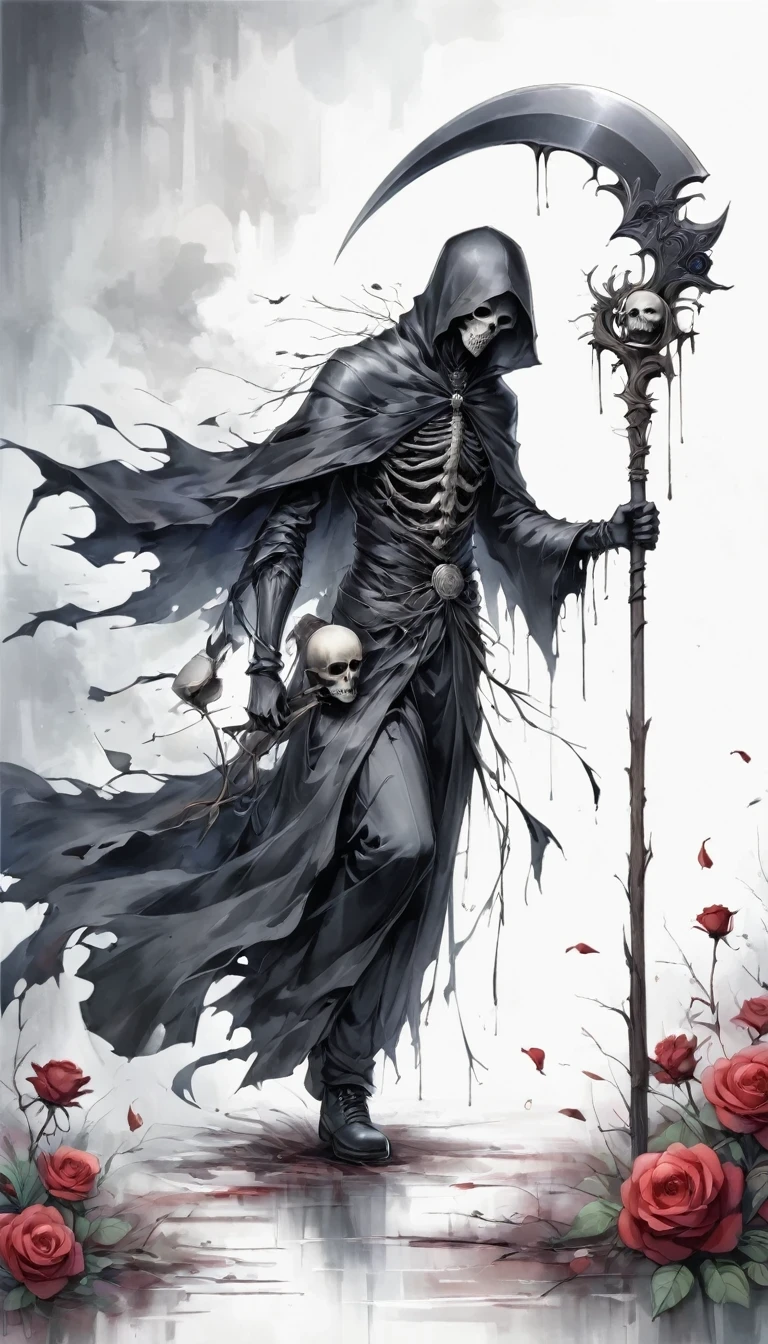 Grim Reaper holding a scythe,Gloomy eyes, Heqiang,Wilted roses,Withered Death,Simplicity,abstract,Gothic,Dark