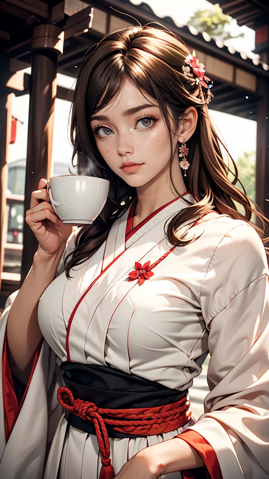 Young girl holding a coffee cup in her hands, pretty girl, Cute Face, Cute Face, Sakimi-chan, Chiho, Yoshitomo Nara, 若くてCute Face, Beautiful Japanese girl face, Brown hair and big eyes, Cute pretty girl, beauty