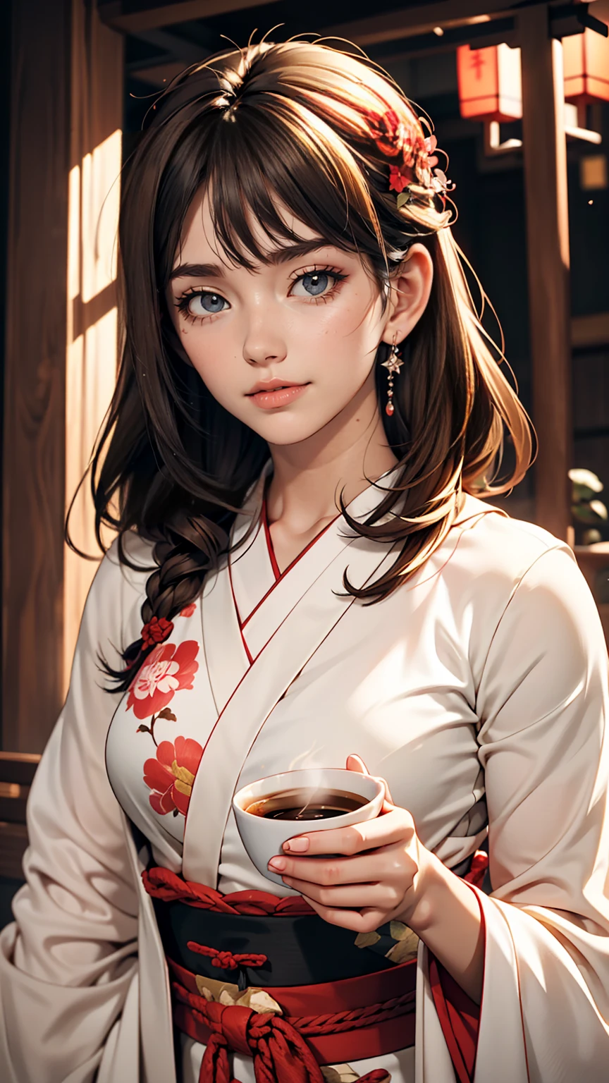 Young girl holding a coffee cup in her hands, pretty girl, Cute Face, Cute Face, Sakimi-chan, Chiho, Yoshitomo Nara, 若くてCute Face, Beautiful Japanese girl face, Brown hair and big eyes, Cute pretty girl, beauty