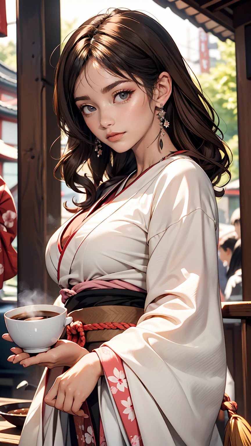 Young girl holding a coffee cup in her hands, pretty girl, Cute Face, Cute Face, Sakimi-chan, Chiho, Yoshitomo Nara, 若くてCute Face, Beautiful Japanese girl face, Brown hair and big eyes, Cute pretty girl, beauty