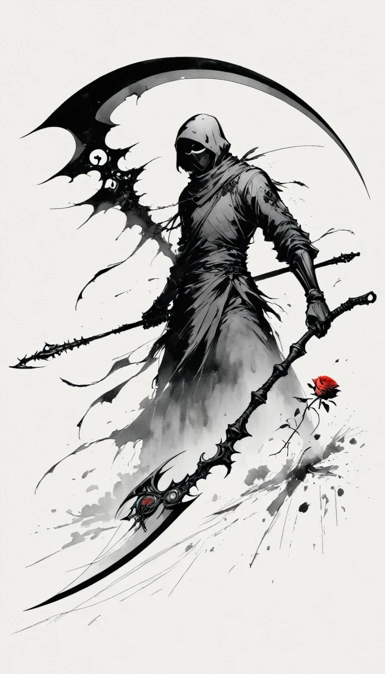 (Anime line drawing:1.5),Scythe of Death,(Black and White:1.45),Minimalism,(Line Art:1.6),sketch,charcoal drawing,Black Reaper,Rose,Ominous Red,Blood splatter