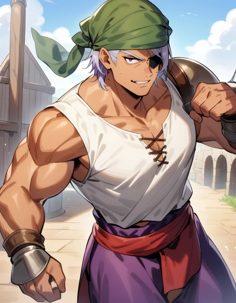 masterpiece, best quality, very aesthetic, absurdres, 1man, muscular mature, pirate, green headscarf, gray hair, headscarf with asymmetrical bangs, blue 1eye, black eyepatch, short hair, tanned skin, tough, ordinary, forehead, asymmetrical medium bangs, ugly, BREAK solo, red waist cloth, purple arabian pants, white sleeveless shirt, loose fitting shirt, tented shirt, medieval, soft smile, in jrpg style, 1990s