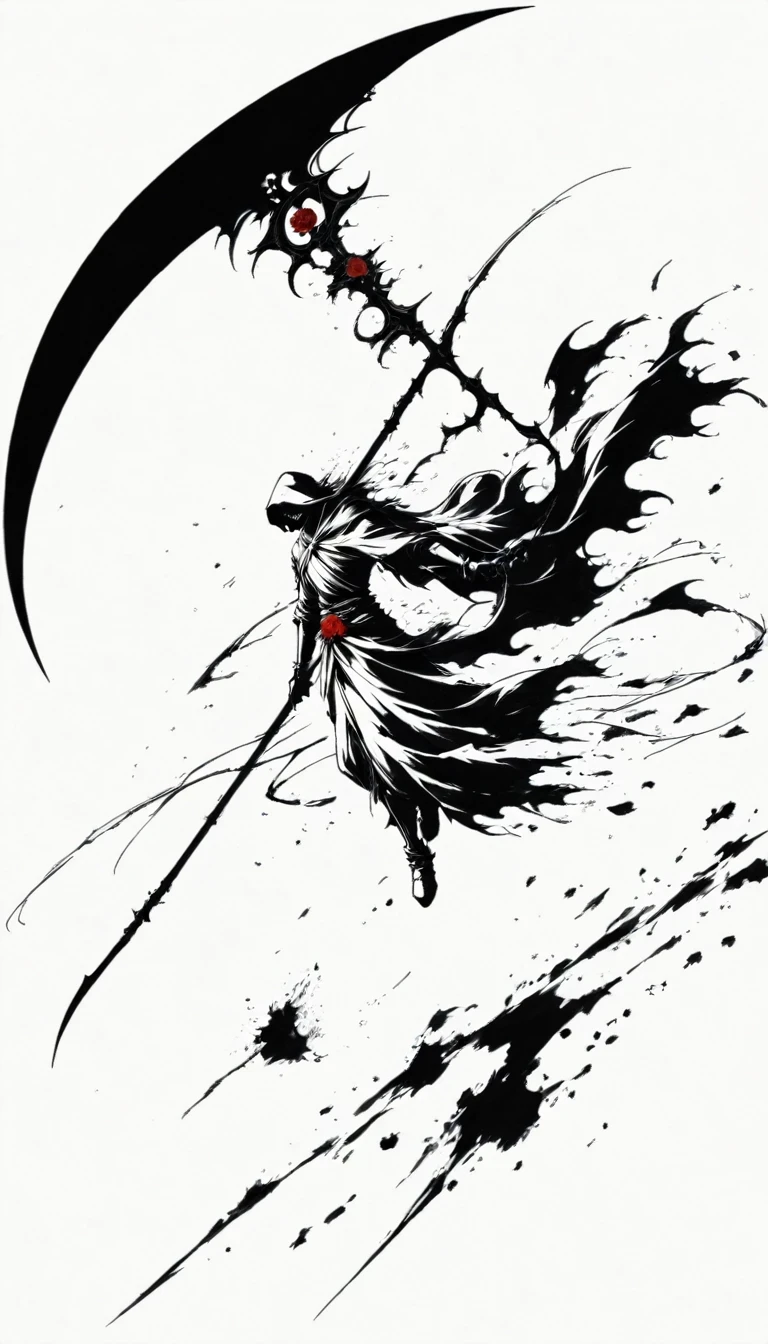 (Anime line drawing:1.5),Scythe of Death,(Black and White:1.45),Minimalism,(Line Art:1.6),sketch,charcoal drawing,Black Reaper,Rose,Ominous Red,Blood splatter