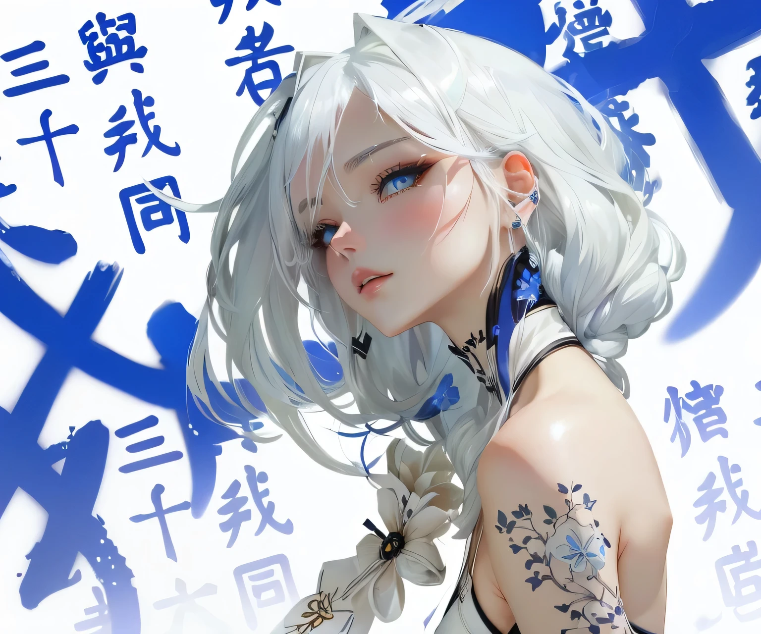 anime White hair girl and blue eyes with chinese writing, White hair deity, Silver-haired girl, Anime style 4k, by Shitao, White hair girl, best anime 4k konachan wallpapers, guweiz, Digital Anime Illustration, Anime style digital art, White hair, style, - Silver-haired girl